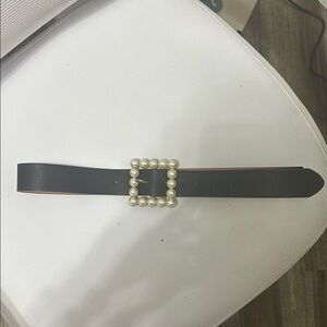 Elegant Black Belt with Pearl Buckle